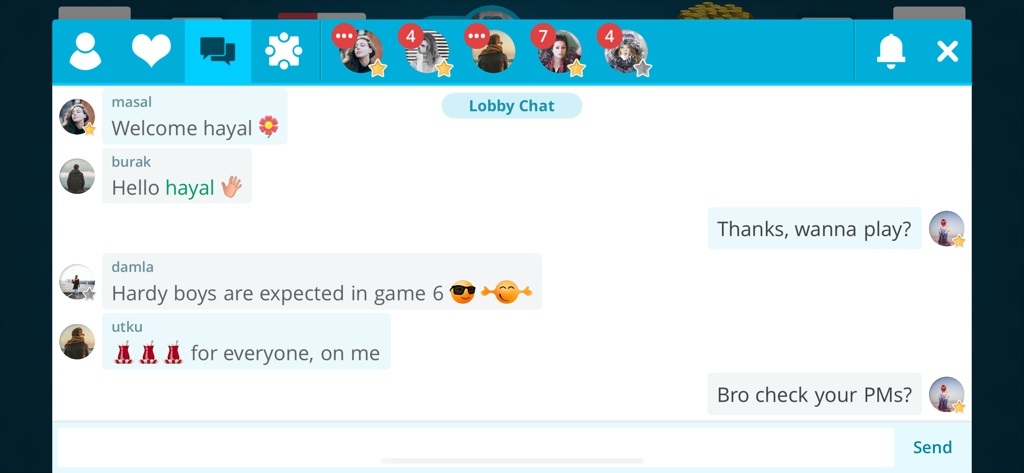 Lobby chat interface in the Okey Online mobile game showing user messages and profile icons.