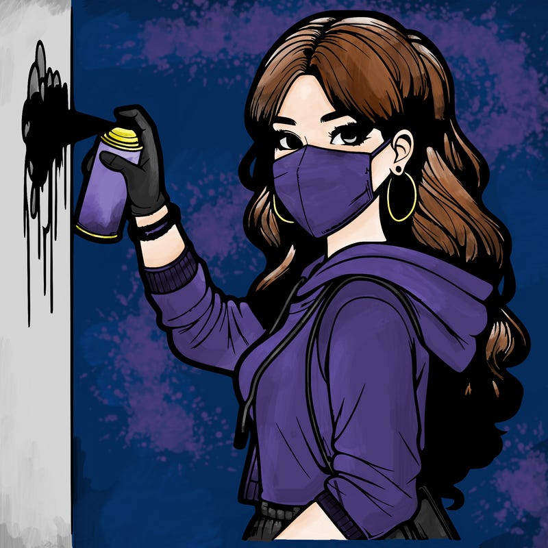 realistic girl with mask spray painting a wall