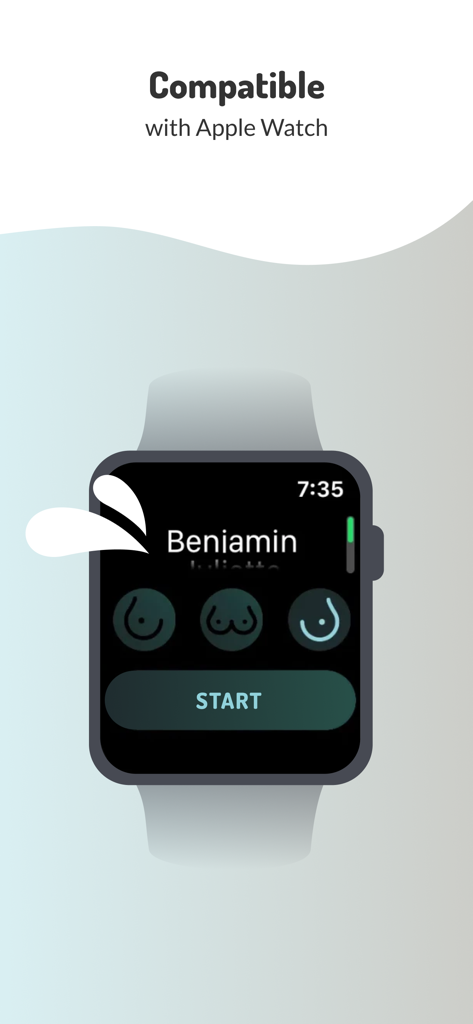 Breastfeeding tracking interface on an Apple Watch from the LactApp mobile application