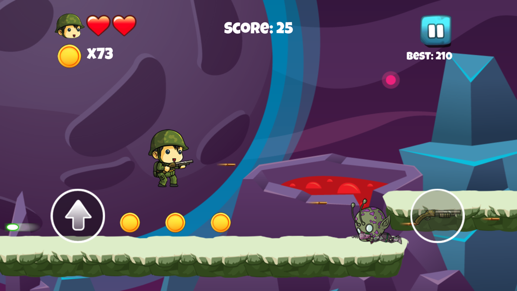 Tiny Soldier vs Aliens - Adventure Games for Kids - Pequeño soldado saltando y disparando a un alienígena morado en un juego de aventura de desplazamiento lateral.