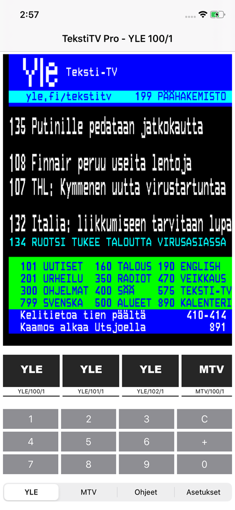 TekstiTV - Interface de l'application mobile TekstiTV montrant l'index des actualités YLE Teletext avec un clavier numérique