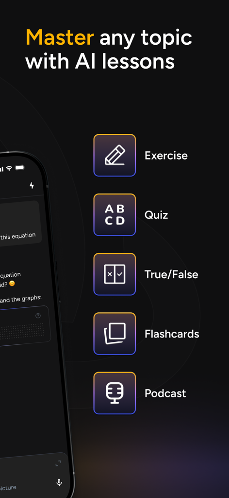 Screenshot der Astra AI Lern-App, die ein Menü von KI-Lernlektionen zeigt, einschließlich Quiz und Karteikarten