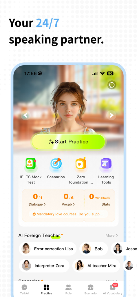 TalkAI mobile app dashboard showing AI foreign teachers and language learning tools