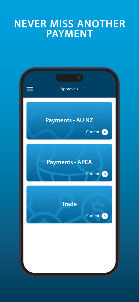 ANZ Transactive - Global - ANZ Transactive Global app approvals screen showing pending corporate payment and trade transactions