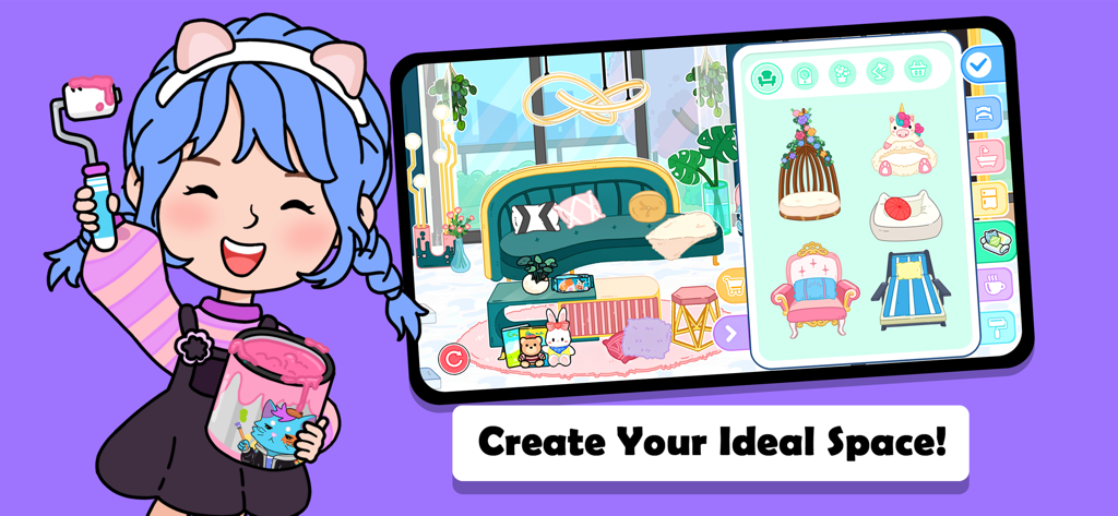 Cartoon girl designing a custom living room in the YoYa Busy Life World app interface
