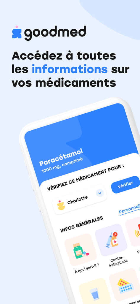 Goodmed - Scan de médicaments - Goodmed App-Oberfläche, die Medikamenteninformationen und Sicherheitsüberprüfungen anzeigt.