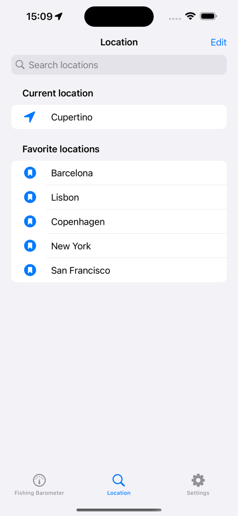 Screenshot of the Location screen in the Fishing Barometer app showing current and saved favorite fishing locations