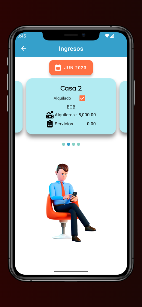 Tela de rastreamento de renda de aluguel mostrando detalhes da propriedade e aluguel mensal no aplicativo Meus Aluguéis