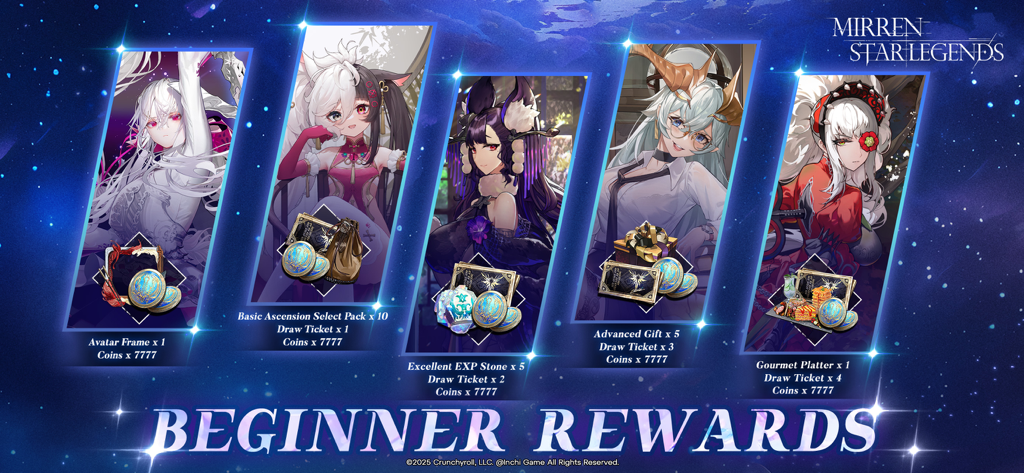 Mirren: Star Legends - Werbebanner für Mirren Star Legends, das Anfängerbelohnungen mit fünf Anime-Charakteren und verschiedenen In-Game-Gegenständen wie Ziehungstickets und Münzen zeigt