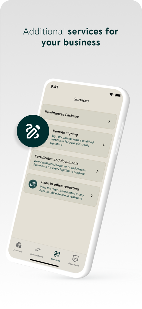 Piraeus Business app services screen showing remote signing and documents options