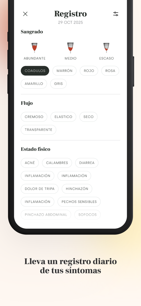 Cicla · Calendario menstrual - Pantalla de registro diario de síntomas físicos y flujo menstrual en la aplicación Cicla