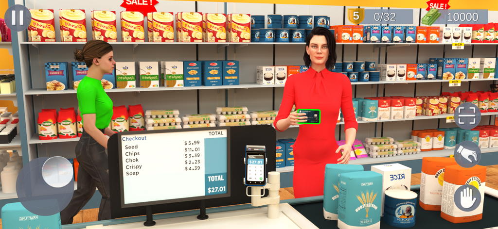 Supermarket Cashier Shop Game - A customer paying at a supermarket checkout counter in a simulation game.