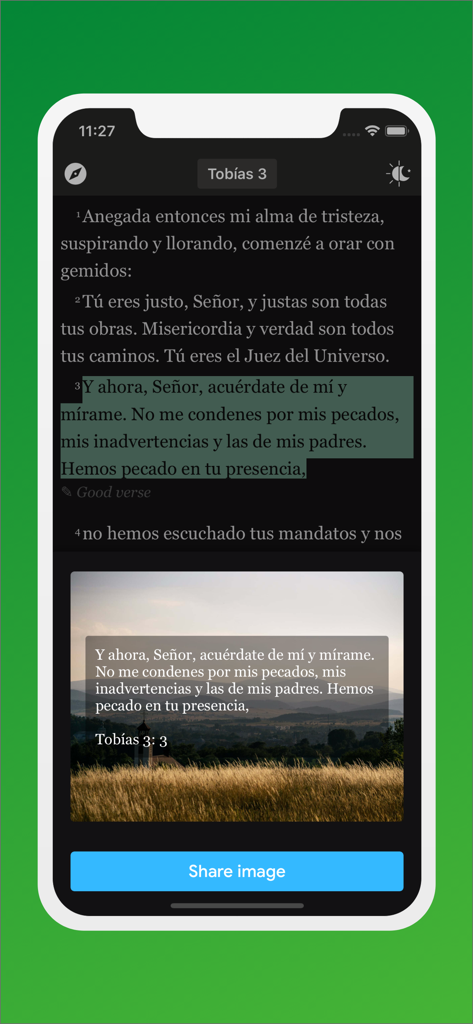 La Biblia de Jerusalen - Interface do aplicativo Bíblia de Jerusalém mostrando um versículo da Bíblia de Tobias 3 pronto para ser compartilhado com uma imagem de fundo paisagística.