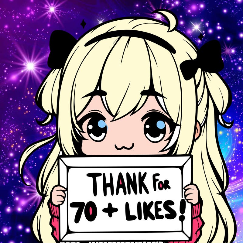 a chibi girl holding up a sign that says thanks for 70+ likes!