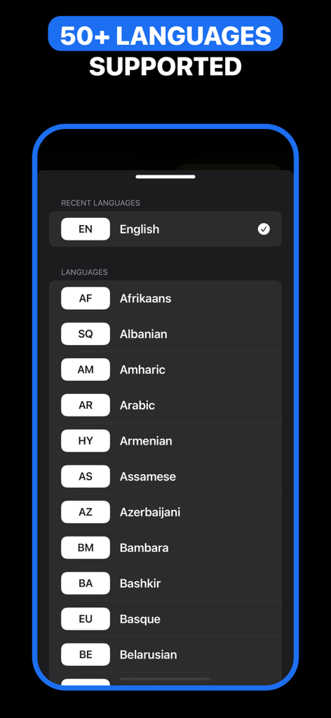 Captions For Video - Subtitles - Interfaz que muestra una lista de más de 50 idiomas admitidos para subtítulos de vídeo automáticos