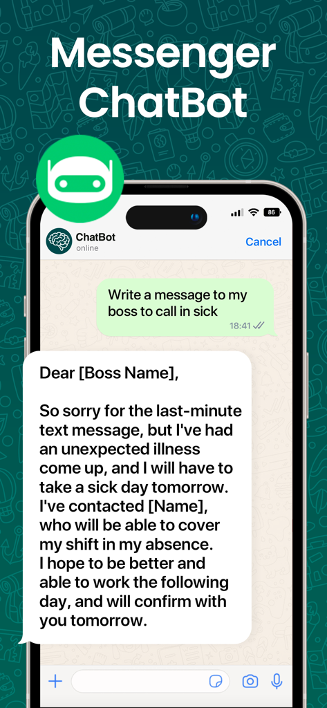 Messenger Duo AI ChatBot interface showing a professionally written sick leave message on an iPhone