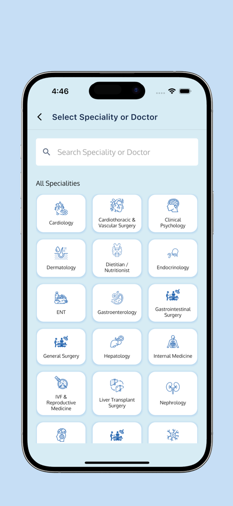 Norvic Care - A screen in the Norvic Care app showing various medical specialties like Cardiology and Dermatology for selecting a doctor.