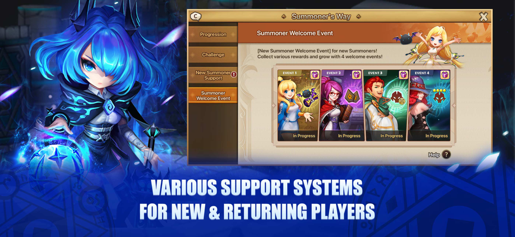 Summoners War - Écran de bienvenue de Summoners War présentant les systèmes de soutien pour les nouveaux joueurs et ceux qui reviennent.