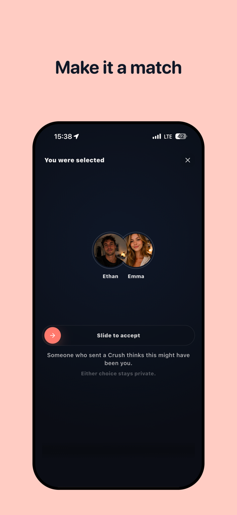 Crush Signals - Crush Signals app interface showing a mutual match screen with profile photos of Ethan and Emma and a slider to accept the connection