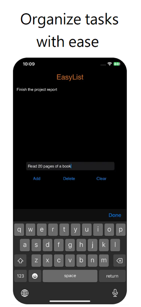 Interfaz de la aplicación móvil EasyList para organizar tareas en modo oscuro