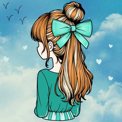 realistic girl  with hip length hair a bun and a big bow on the back of head