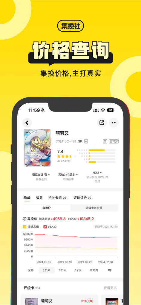 集换社-TCG卡牌交易集卡社交藏卡卡组玩法构筑攻略拍卖对战 - A mobile app screen from Jihuanshe showing the price history and market value trends for a rare Pokemon trading card.