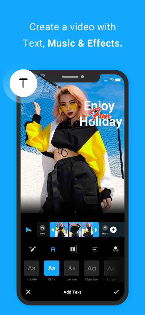 Video Editor & Maker -VidMaker - Una interfaz móvil de VidMaker mostrando cómo agregar y editar superposiciones de texto en un clip de video de una persona.