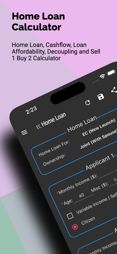 Singapore Home Loan Calculator - Smartphone screen displaying the interface of the Singapore Home Loan Calculator app with input fields for financial calculations.
