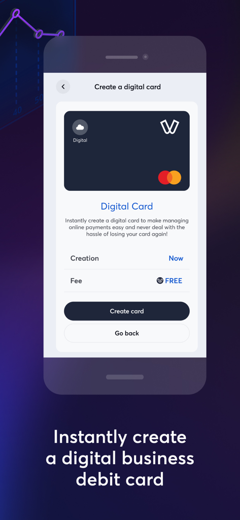 viva.com - Interfaz de la app viva.com mostrando cómo crear instantáneamente una tarjeta de débito empresarial digital gratuita.