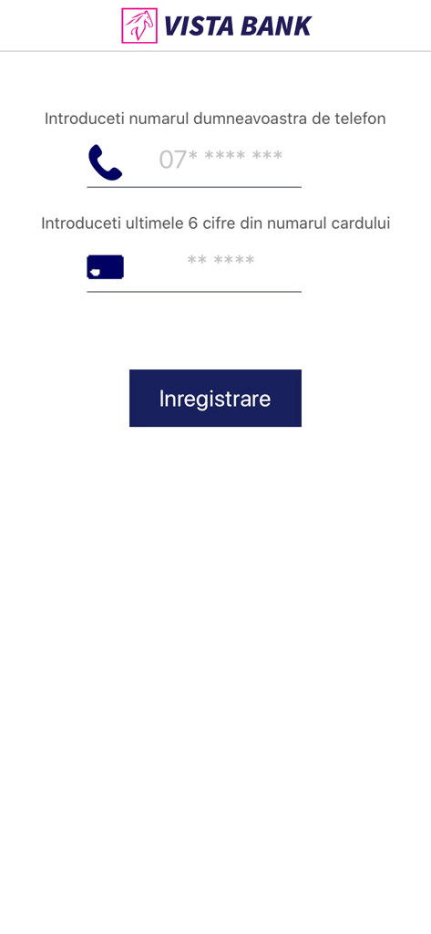 Registration screen of the Vista 3D Secure app requiring a phone number and the last six card digits