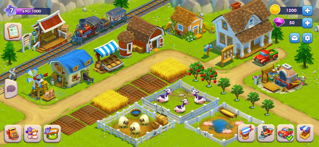 Overview of a bustling farm in Golden Farm showing animal pens, crop fields, and a steam train.
