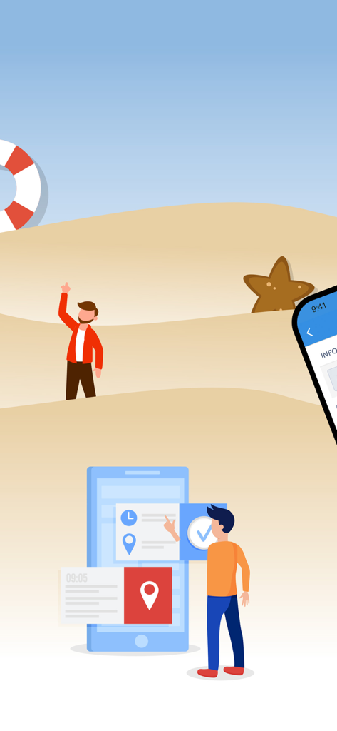 BlueKiwi - An illustration showing a user interacting with the BlueKiwi app to book beach services and amenities.