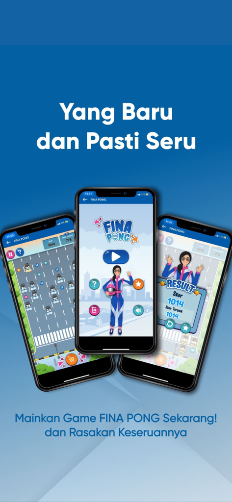 BCA Finance - Promotion of the FINA PONG mini game within the BCA Finance mobile app showing gameplay and result screens