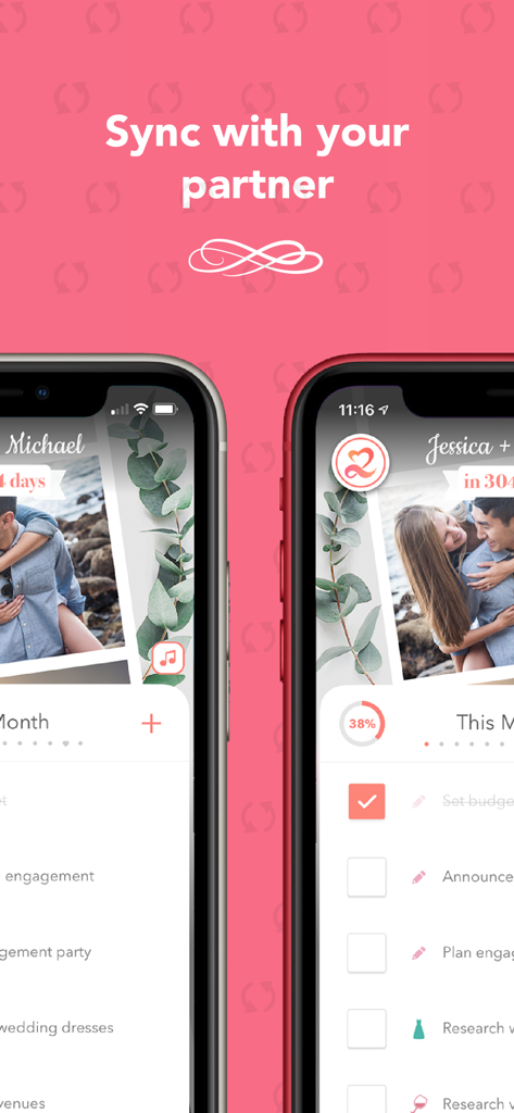 Wedding Planner ‎ - 2台のスマートフォンにWedding Plannerアプリのインターフェースが表示され、パートナーと計画タスクを同期する機能があります。