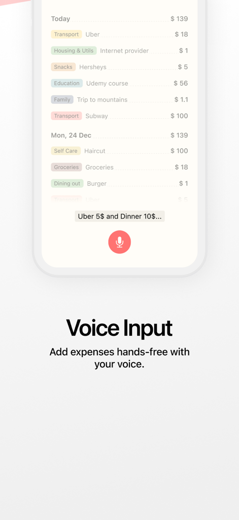 Budget AI: Spending tracker - Budget AI app interface showcasing hands-free voice input for tracking expenses and automatic categorization.