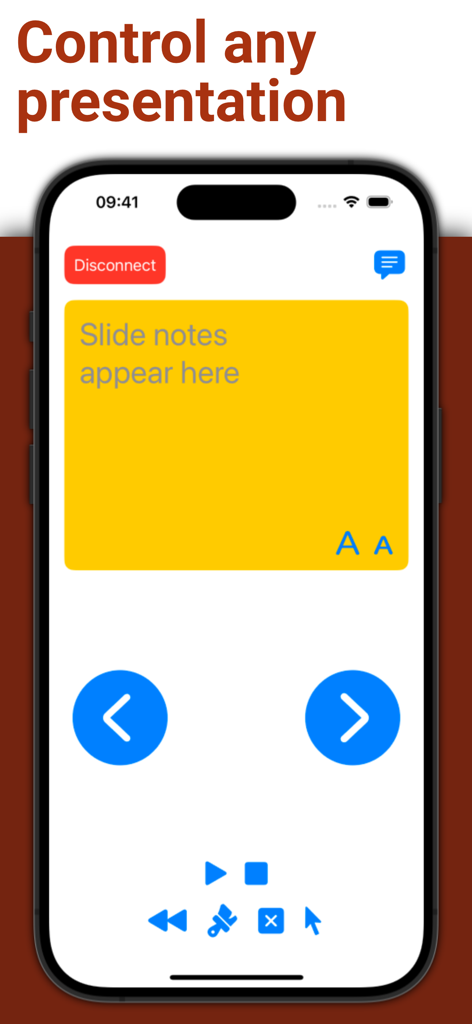 Interfaz de la aplicación PPTControl para iPhone que muestra notas de diapositivas y botones de navegación para presentaciones