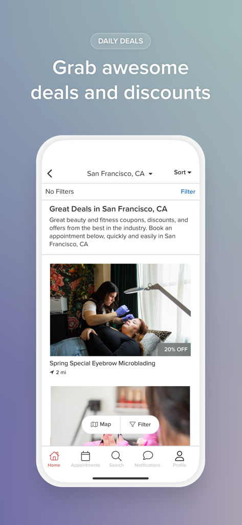 Vagaro App-Bildschirm mit Schönheits- und Fitnessangeboten und Rabatten in San Francisco.