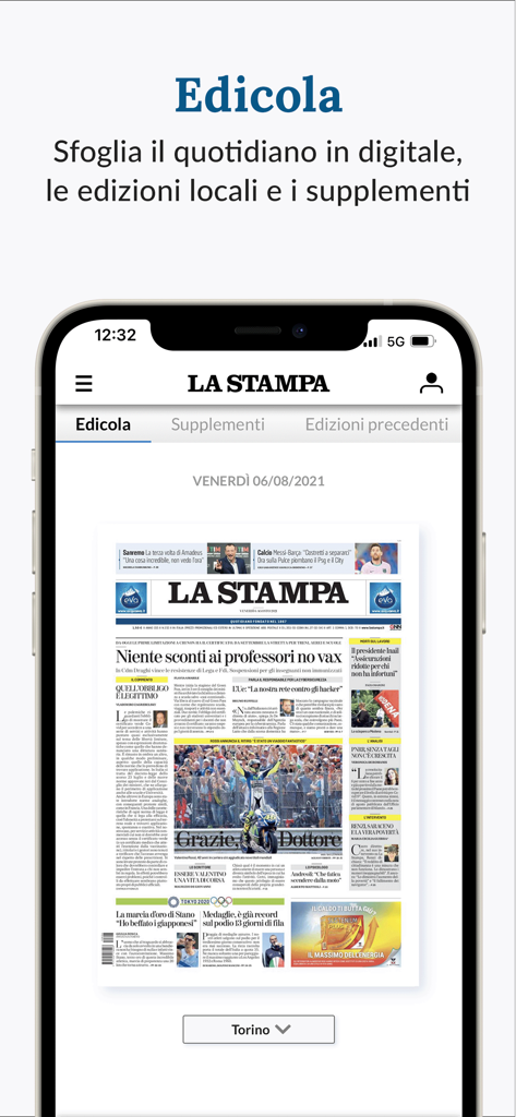 La Stampa. Notizie e Inchieste - Um smartphone mostrando a seção Edicola do aplicativo La Stampa com uma réplica digital da primeira página do jornal diário.