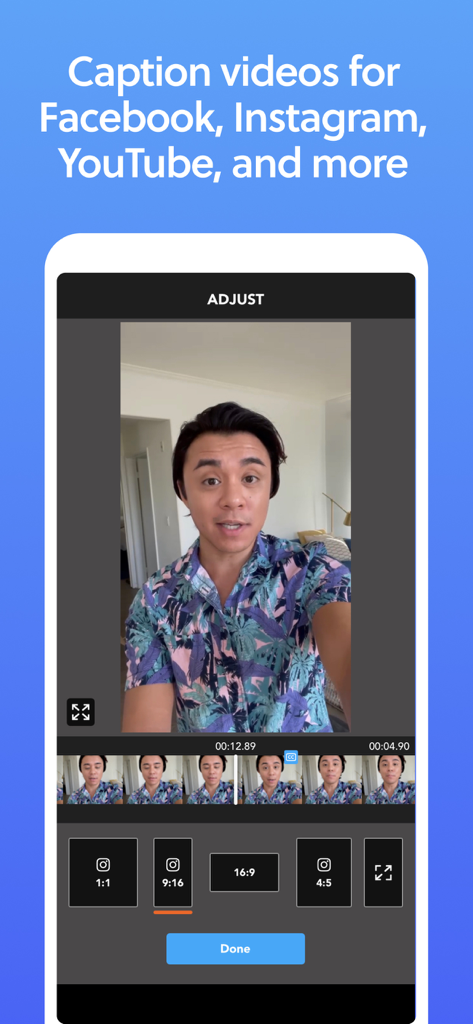 MixCaptions: Video Captions - MixCaptions App-Oberfläche, die Optionen zur Anpassung des Video-Seitenverhältnisses für Social-Media-Plattformen wie Instagram und YouTube zeigt