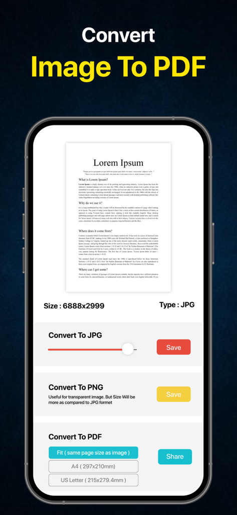 JPG PNG Image Photo Converter - Mobile app screen for converting photos to PDF JPG and PNG formats.