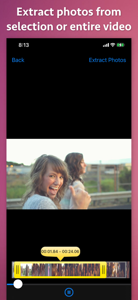 Video to Images Extractor - Pantalla que muestra una herramienta de selección de vídeo para extraer fotos de un período de tiempo específico