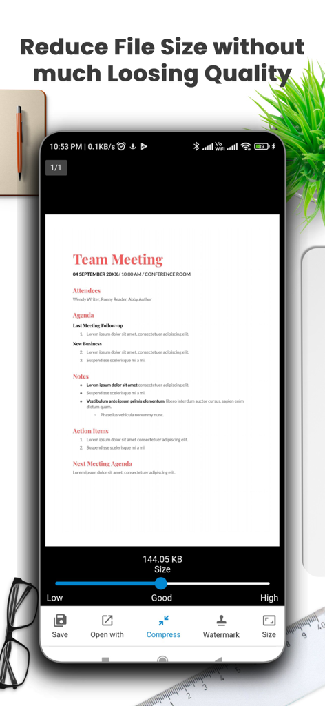 Document Scanner by Lufick - Mobile app interface showing how to reduce scanned document file size using a quality compression slider