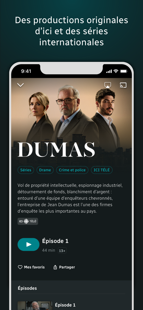 Interface de l'application ICI TOU.TV présentant les détails de la série dramatique Dumas