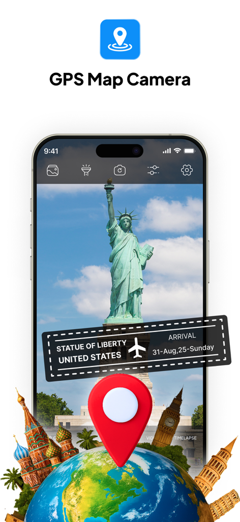 GPS map camera app interface with location and date stamp on a Statue of Liberty photo