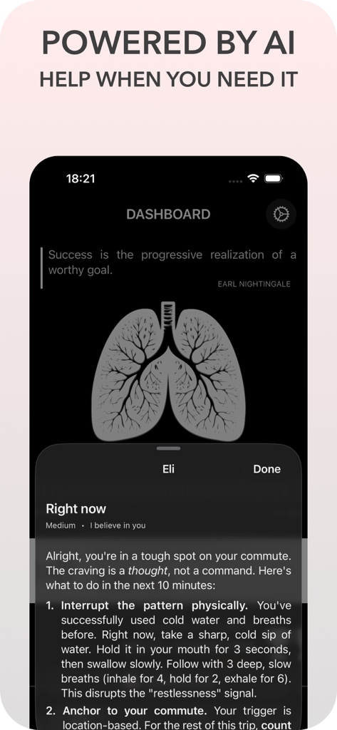 Eleos app screenshot displaying AI-powered coaching and a dashboard with a lung illustration for smoking cessation.