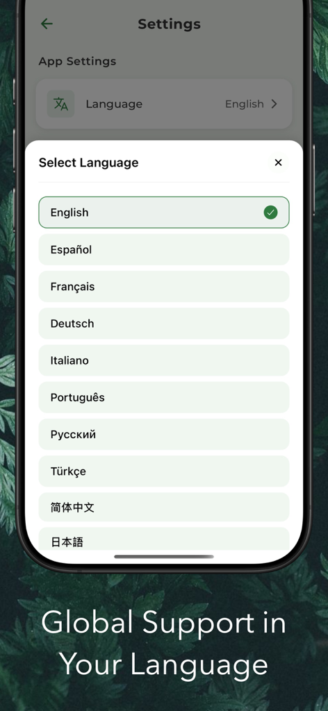 Plant Doctor: AI Disease ID - Interfaz de la aplicación Plant Doctor mostrando opciones de idioma para usuarios globales