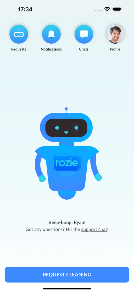 Rozie cleaning app dashboard with robot mascot and a request cleaning button
