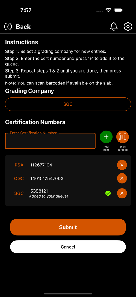 130 Point - Una pantalla en la aplicación 130 Point para ingresar y escanear números de certificación de tarjetas de trading de compañías de calificación como PSA y SGC.