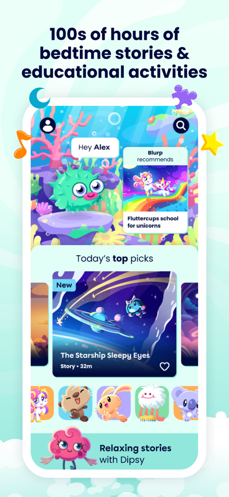 Moshi Kids: Sleep, Relax, Play - Interface de l'application Moshi Kids montrant des histoires du coucher et des activités éducatives pour les enfants