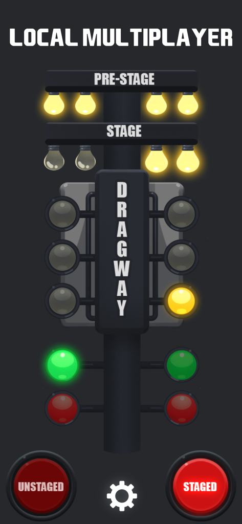 .000 Practice Tree - Local multiplayer screen of the .000 Practice Tree app featuring a drag racing timing system with staging lights.